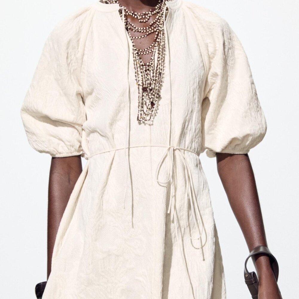 Zara Belted Jacquard Dress in Ecru